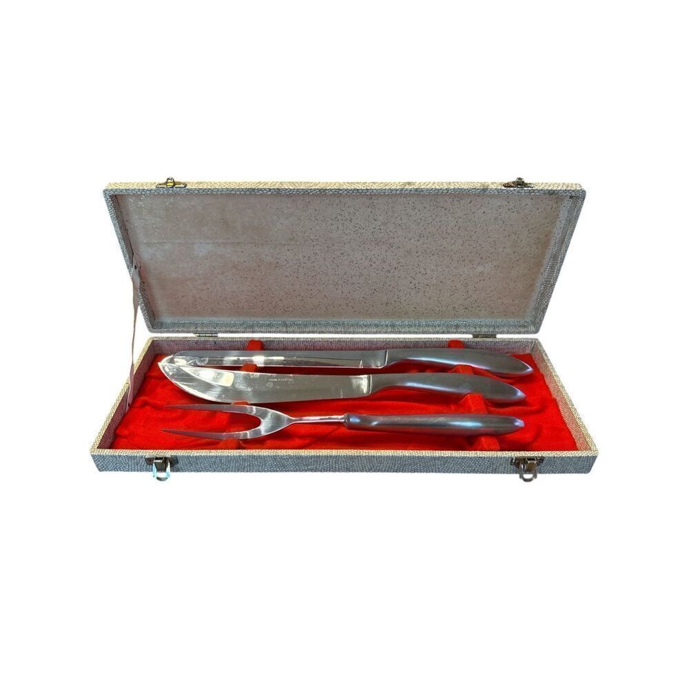 Vintage Eldan Carving Knife Fork Set 3 Piece Stainless MCM  Japan Original Case